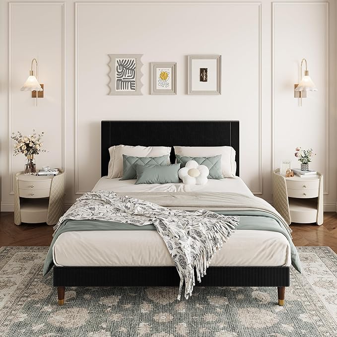 GarveeHome Full Size Bed Frame with Upholstered Headboard and Strong Wooden Slats Support, Soft Corduroy Fabric Platform Bed, No Boxing Spring Needed, Easy Assembly, Black