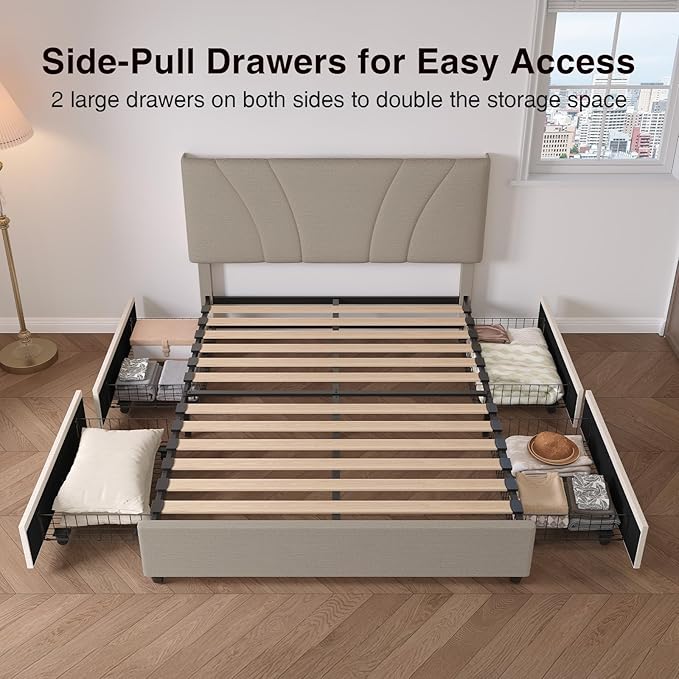 Novilla King Bed Frame, King Bed Frame and Headboard, King Size Bed Frame with Drawers, King Bed Frame with LED Lights, Charging Station and Adjustable Headboard, No Box Spring Needed, Beige