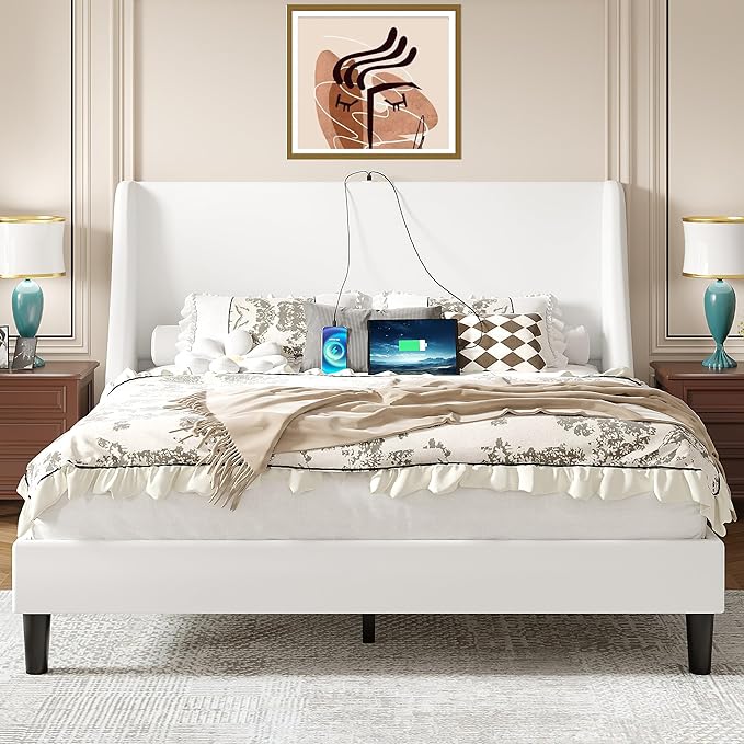 VECELO Queen Bed Frame with Upholstered Wingback Headboard, Heavy-Duty Platform Bedframe with Charging Station, Wooden Slats, No Box Spring Needed, White