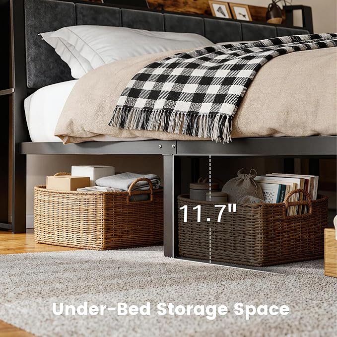 King Size Bed Frame with Charging Station, Storage Headboard with Smart LED Lights, Metal Platform Bed Frame with USB Ports, Noise Free, No Box Spring Needed, Easy Assembly
