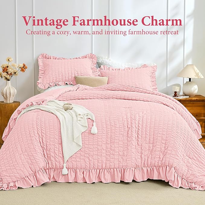 JOLLYVOGUE Pink Comforter Full Size, 3 Pieces Seersucker Lightweight Full Size Bedding, All Season Fluffy Microfiber Bedding Comforter Set with 1 Ruffle Comforter and 2 Ruffle Pillowshams