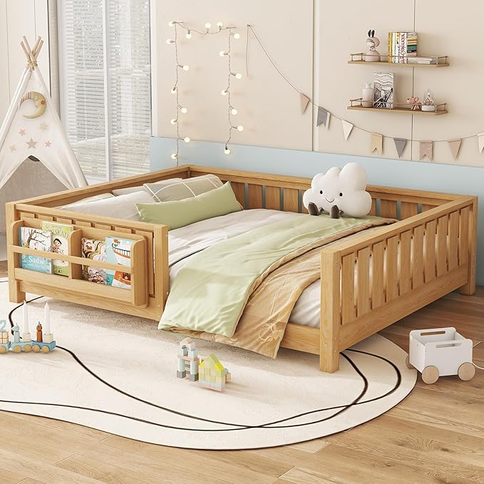 Bellemave Full Size Kids Montessori Bed with Bookshelf,Solid Wood Full Floor Bed Frame with Fence and Slats for Girls Boys,Low-Profile,Light Natural