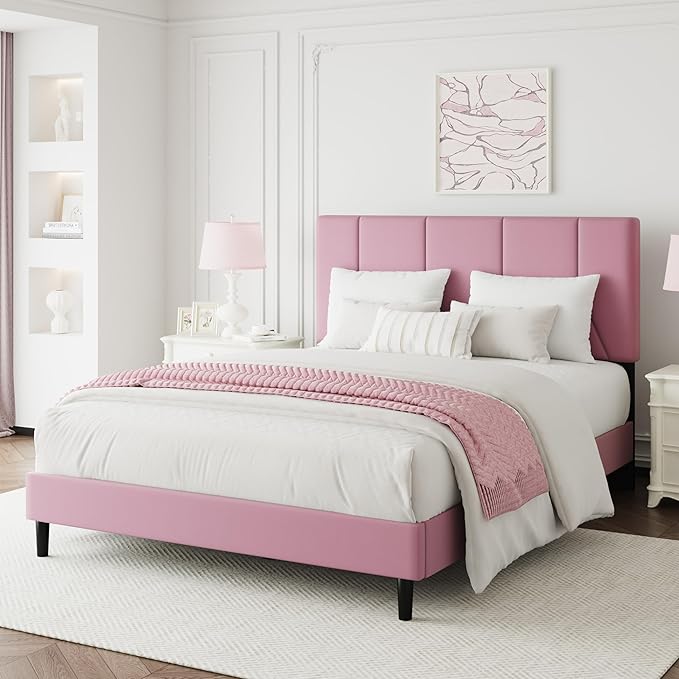 Full Bed Frame, Padded Platform Bed Frame with Velvet Headboard, Vertical Quilted Design, Sturdy Slatted Mattress Base, No Spring Mattress Required, Easy to Assemble, Pink