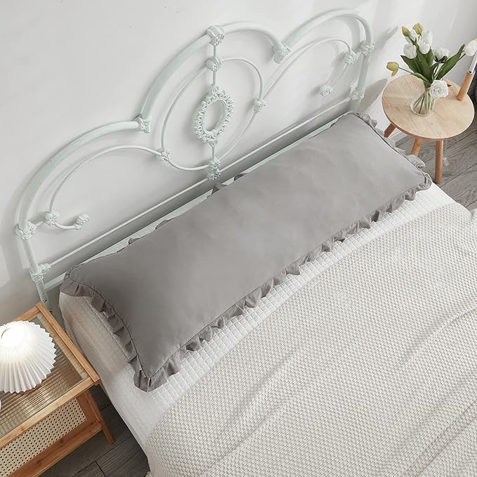Shabby Chic 20x54in Light Grey Body Pillow Cover with Ruffled Fringe Decor
