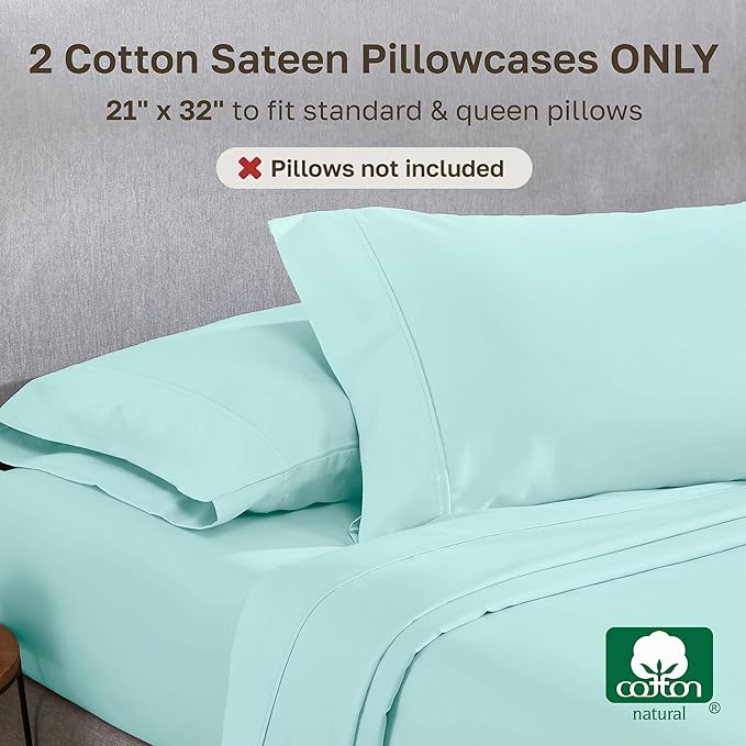 California Design Den Standard Queen Size Pillowcase Set - 400 Thread Count, 100% Cotton Sateen, Set of 2 Pillow Covers, Soft and Breathable - Seafoam