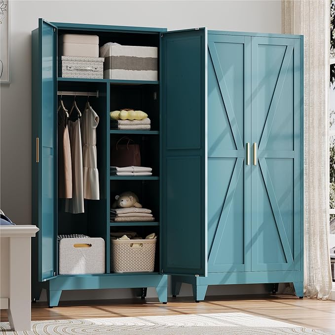 Baborokic 71" Armoire Wardrobe Closet with Hanging Rod,Metal Wardrobe Cabinet with Adjustable Shelves and Doors,Farmhouse Office Cabinets for Bedroom,Office,Laundry,Employee(Blue)