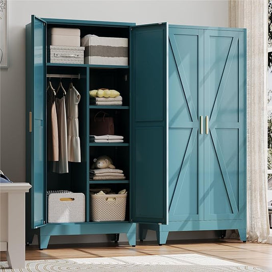 Baborokic 71" Armoire Wardrobe Closet with Hanging Rod,Metal Wardrobe Cabinet with Adjustable Shelves and Doors,Farmhouse Office Cabinets for Bedroom,Office,Laundry,Employee(Blue)