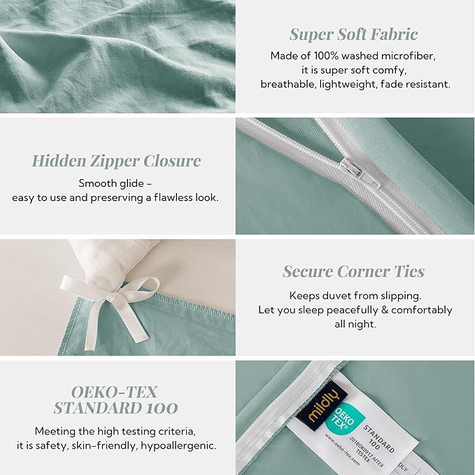 MILDLY Super Soft Duvet Cover - 100% Washed Microfiber Grayish Teal Comforter Cover Set 3 Pieces with Zipper Closure & Corner Ties (No Comforter)