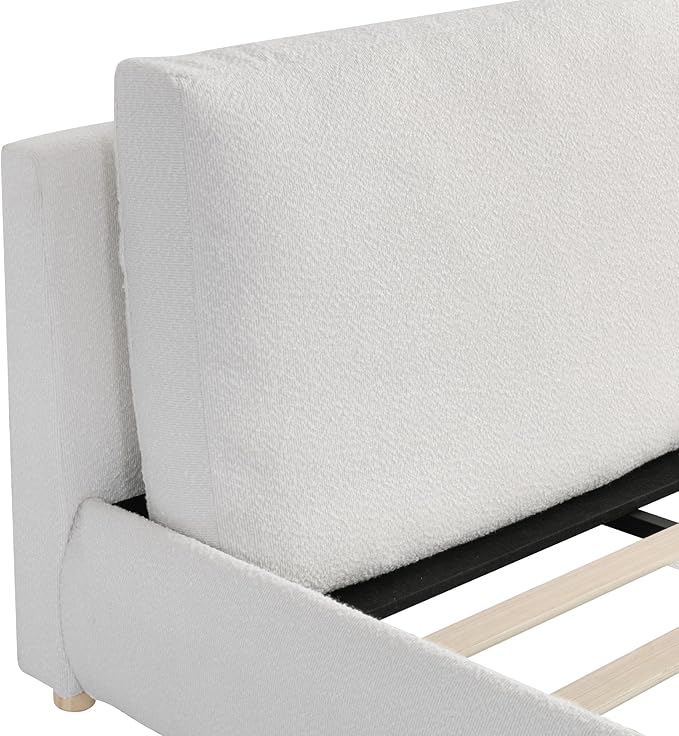 Merax King Size Boucle Fabric Upholstered Platform Bed with Two Removable Pillow Headboard, Wood Bed Frame with Solid Round Legs for Kids Teens Adults, White