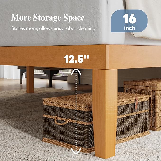 DUMOS Queen Solid Bed Frame Wood 16 Inches, Sturdy Platform Bed with Heavy Duty Wood Slat Support, No Box Spring Needed, Easy Assembly, Natural Pine