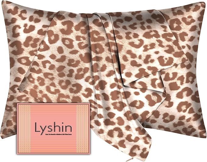 Silk Pillow Cases Standard Size with Hidden Zipper, Mulberry Silk Pillowcase for Hair and Skin, Smooth and Soft Breathable Cooling Silk Satin Pillow Covers for Sleeping, Gifts for Women, Leopard Beige
