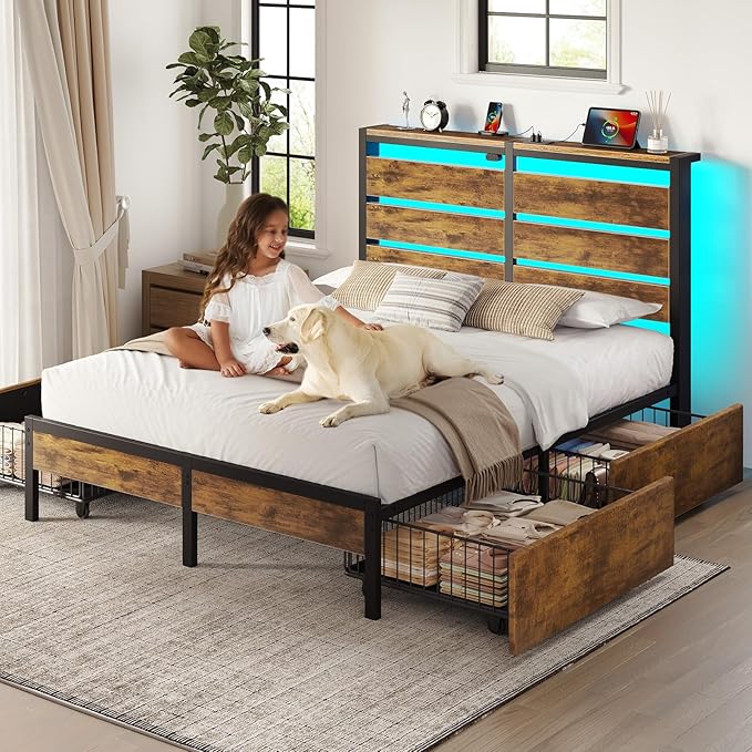Rolanstar Full Size Bed Frame with 4 Drawers, LED Lights and Charging Station, Metal Platform Bed with Storage Headboard, Noise Free, Easy Assembly, No Box Spring Needed, Rustic Brown