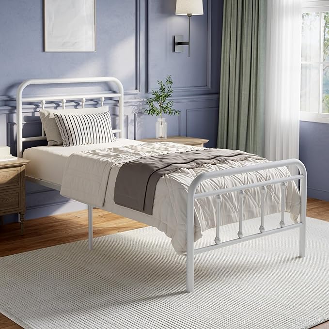Novilla Metal Bed Frame Twin Size - Modern Minimalist Victorian Style with Headboard/Footboard, Heavy-Duty Steel Slats/Underbed Storage/No Box Spring Needed/Easy Assembly/Noise Free/White