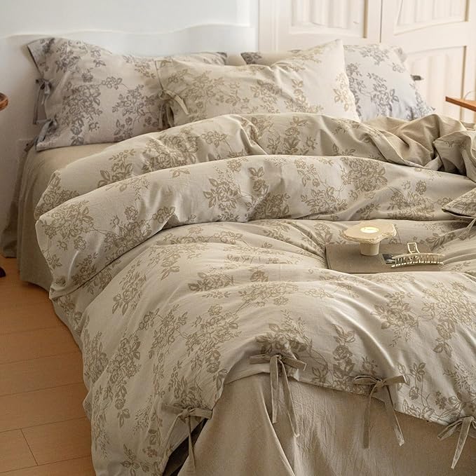 VM VOUGEMARKET Garden Floral Duvet Cover Queen,3 Pcs Yarn-Dyed Jacquard Textured Duvet Cover with Bowknot Retro Monet Style Bedding Set-90"x90",Khaki