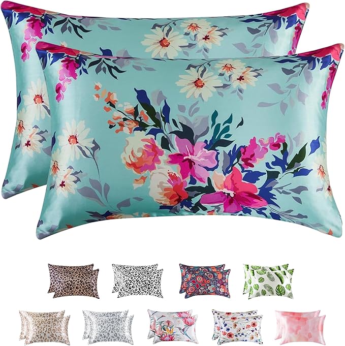 MR&HM Satin Pillowcase for Hair and Skin, Silk Satin Pillowcase 2 Pack, Queen Size Pillow Cases Set of 2, Silky Pillow Cover with Envelope Closure (20x30, Vintage Floral)