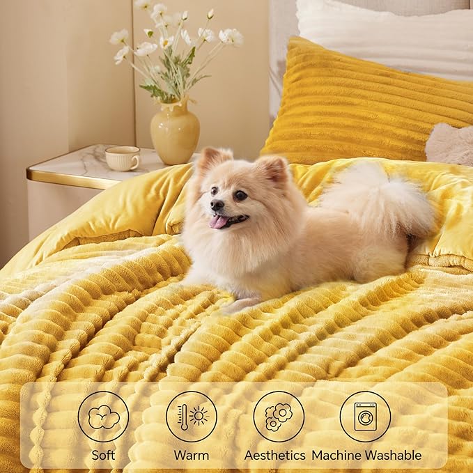 BEDELITE Fleece King Comforter Set -Super Soft & Warm Fluffy Mustard Yellow Bedding, Luxury Fuzzy Heavy Bed Set for Winter with 2 Pillow Cases