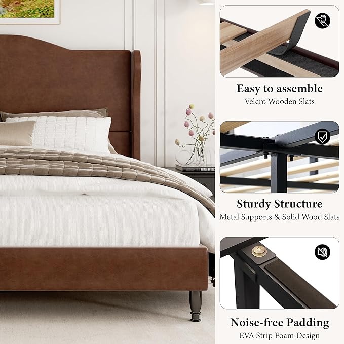 Queen Upholstered Bed Frame with Tall Headboard, Leather Platform Bed Frame with Wingback Sides, Wood Slats Support, Noise-Free Design, No Box Spring Required, Easy Assembly, Dark Brown