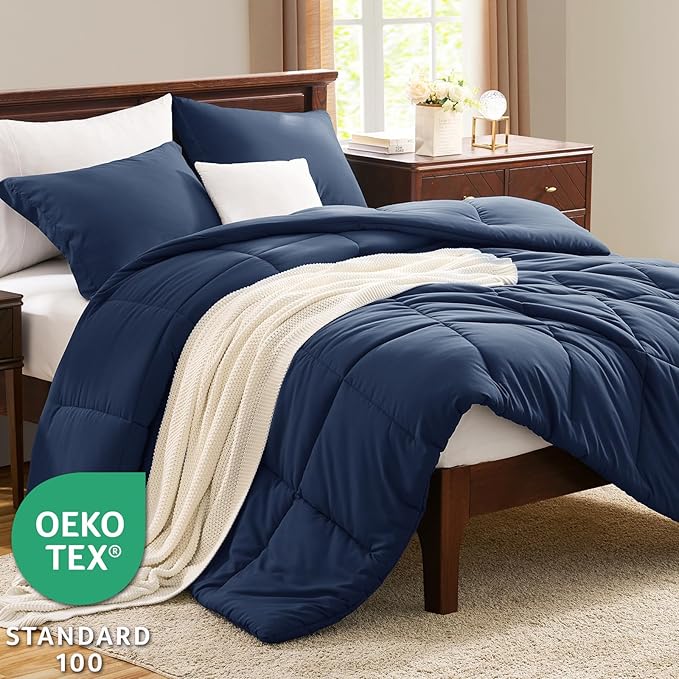 CozyLux Queen Comforter Set - 270GSM Navy Blue Bedding Sets for All Seasons, 3 Pieces Box Stitched Bed Set with 1 Down Alternative Comforter and 2 Pillow Shams, Soft, Lightweight, Breathable