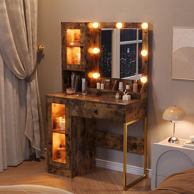 IDEALHOUSE Makeup Vanity Desk with Mirror and Lights, Vanity Table with Charging Station, 2 Open Compartments, 2 Acrylic-Door Cabinets, and RGB Lights Wood Dressing Table for Bedroom