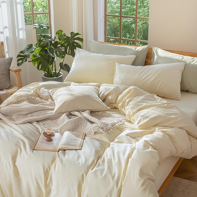MooMee Bedding Duvet Cover Set 100% Washed Cotton Linen Like Textured Breathable Durable Soft Comfy (Solid Cream, Queen 90"x90")