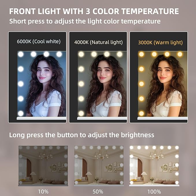 Hansong Vanity Mirror with Lights and Bluetooth Speaker 22.8''x18.4'' Lighted Makeup Mirror with 15 LED Bulbs Hollywood Vanity Mirror with 3 Lighting Modes USB Charging and 10x Magnification