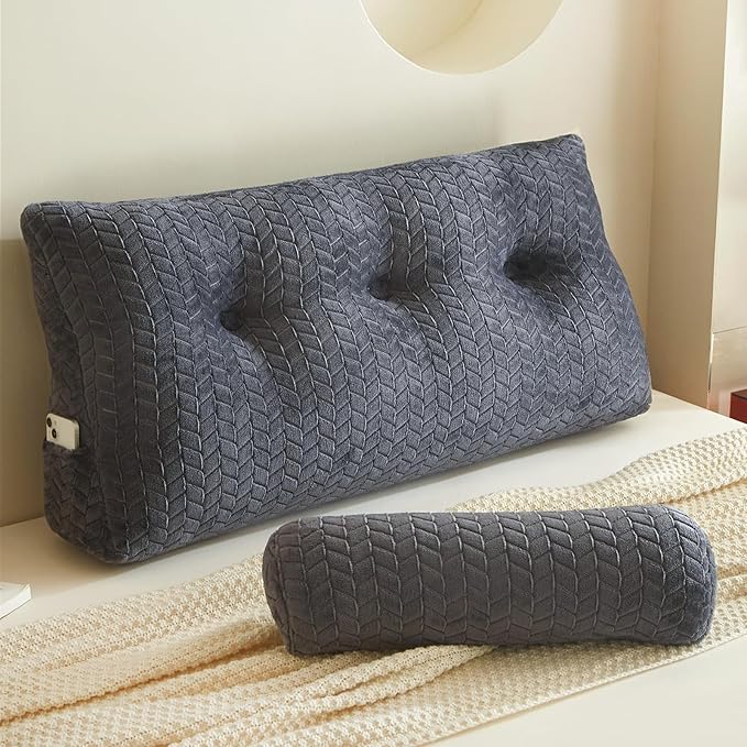 YOUR MOON Wedge Headboard Pillow Twin Size, Triangular Wedge Backrest Pillow with 1 Pack Neck Roll Pillows, Headboard Pillow for Bed,Daybed,and Lounging, Large Bed Bolster Pillows,Dark Gray