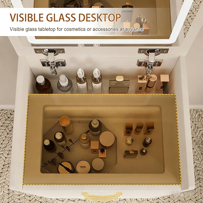 Small Makeup Vanity Desk with Flip Top Lighted Mirror, 3-in-1 Nightstand Vanity Combo with Visible Glass Desktop, Compact Dressing Table with Storage Stool & 3 Drawers for Small Bedroom, White