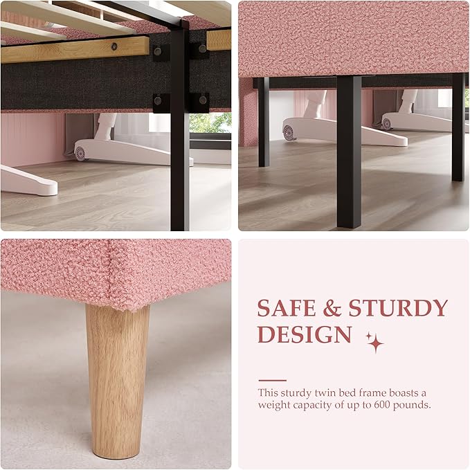 VECELO Twin Size Bed Frame, Upholstered Platform Bedframe with Height Adjustable Plush Fabric Headboard, Strong Wood Slat Supports, No Box Spring Needed, Pink