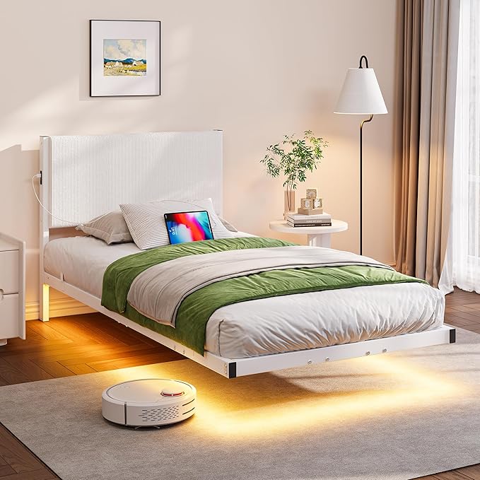 Twin Floating Bed Frame with Headboard,Twin Size Floating Bed Frame with LED Lights & USB Charging Station,Metal Platform Bed with Strong Slats Support,No Box Spring Needed,Easy Assembly,White
