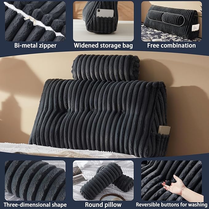 Rycwola Faux Fur Headboard Pillow with 1 Pack Neck Roll Pillow Large Headboard Pillow Soft and Supportive with Removable Cover (Grey, Twin)