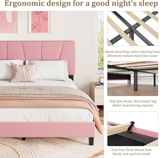 Full Size Upholstered Platform Bed Frame with Adjustable Headboard for kids Girls, Fits 8-14 Inch Mattress, Heavy Duty Bed Frame with Wooden Slats Support, Noise-Free, Non-slip, No Box Spring Needed