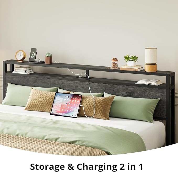 LIKIMIO California King Bed Frame with Storage Headboard, Platform Bed with Drawers and Charging Station, No Box Spring Needed, Easy Assembly, Charcoal Grey