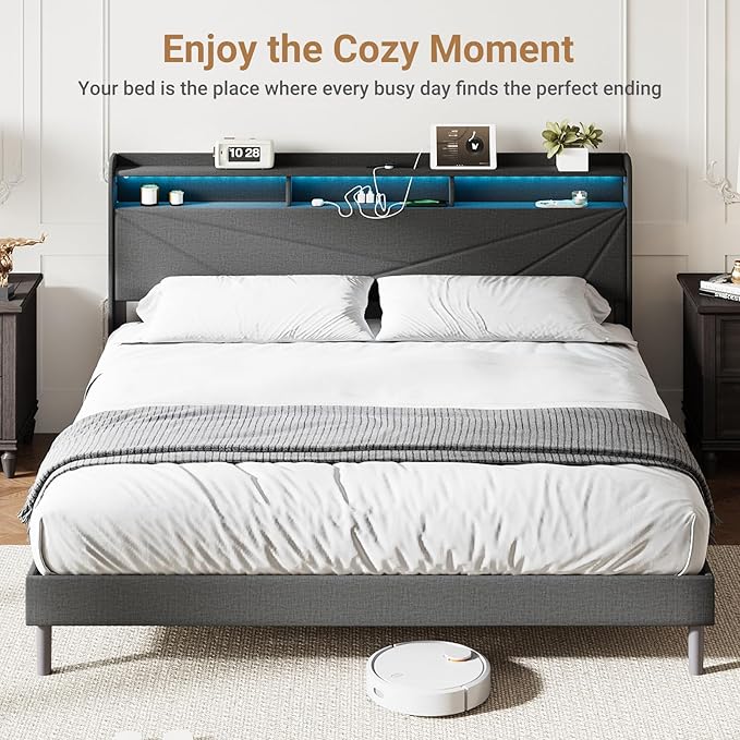 COLAMY King Size Bed Frame with Charging Station & LED Lights, Upholstered Headboard with 2-Tier Storage, Heavy Duty Metal Platform Bed with Wood Slats, No Box Spring, Noise-Free, Easy Assembly, Grey