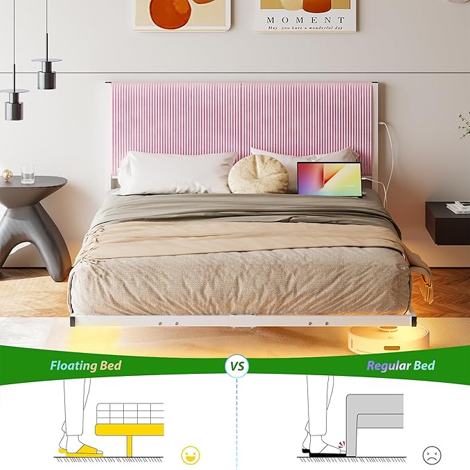 Full Size Floating Bed Frame with LED Lights & USB Charging Station,Metal Bed Frame Full Size with Upholstered Headboard,Platform Mattress Foundation,No Box Spring Needed,Easy Assembly,Pink