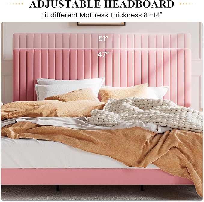 SHA CERLIN King Upholstered Platform Bed Frame with Adjustable Headboard/Vertical Channel Tufted Velvet Fabric/Wooden Slats Support/Mattress Foundation/Box Spring Optional/Pink