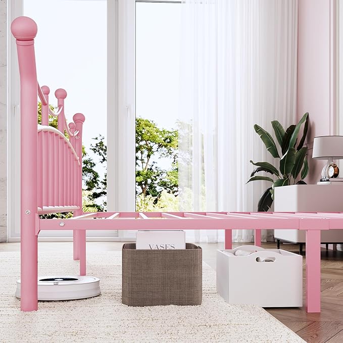 Allewie 14 Inches Full Size Metal Platform Bed Frame with Elegant Crown Iron-Art Headboard & Footboard, Sturdy Mattress Foundation with Under-Bed Storage, Easy Assembly, No Box Spring Needed, Pink
