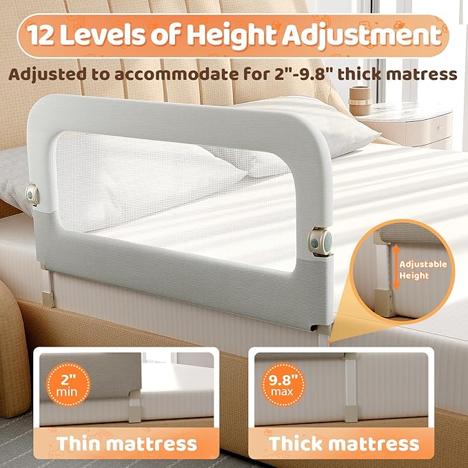 omzer Bed Guard Rail for Toddlers - 47inch Foldable & Adjustable Height Baby Bed Safety Side Rails - Large Toddler Crib Railing Guard for Twin, Bunk, Full Size, Queen & King, Full Size Bed