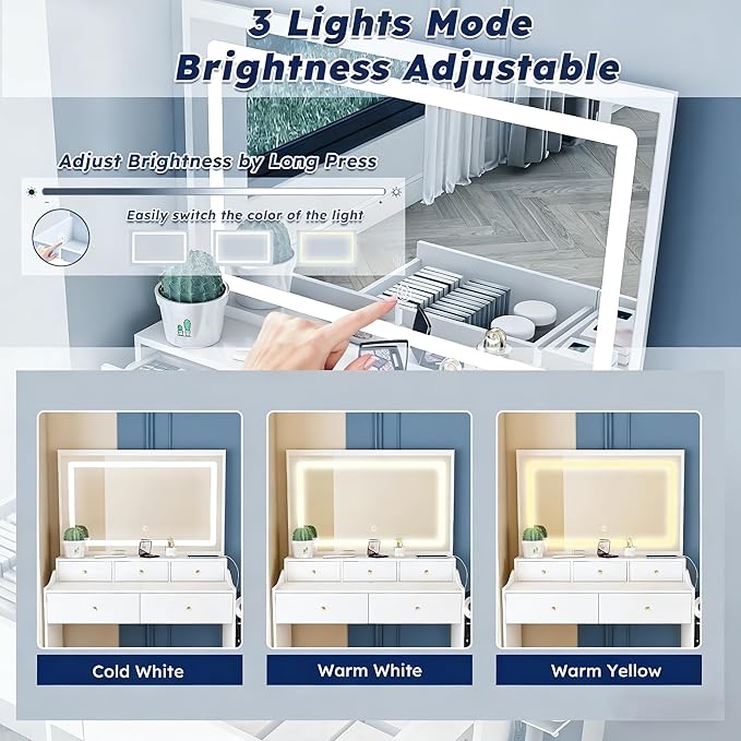 Casaphoria Large Makeup Vanity Desk with Mirror, 5 Drawers & Power Outlet for Bedroom - Modern Dressing Table with Adjustable LED Lights & Hair Dryer Holder, White