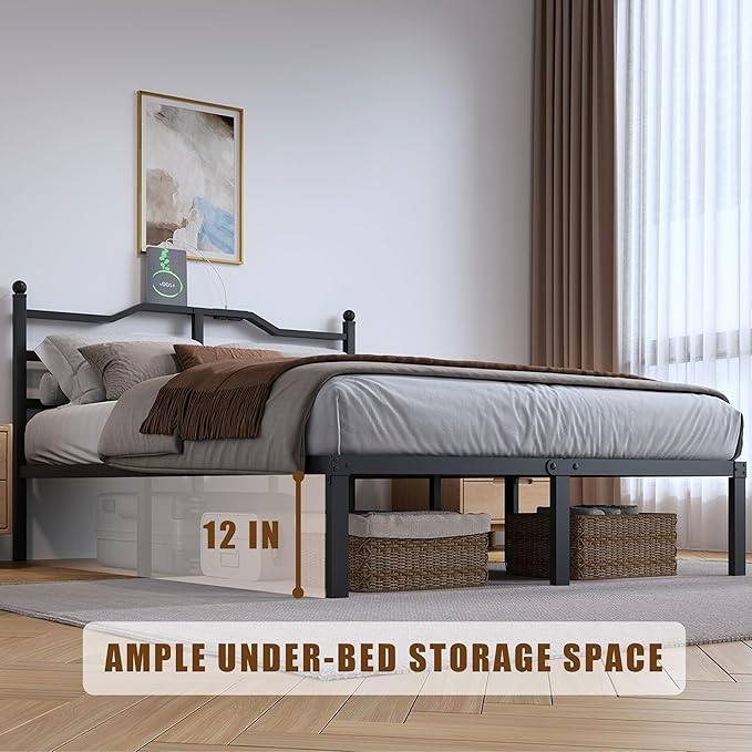 SHOANED 14 Inch Metal Bed Frame - Full Size Heavy Duty Bedframe with Charging Station & Headboard Basic Steel Slats Platform No Box Spring Needed/Easy Assembly/Noise Free