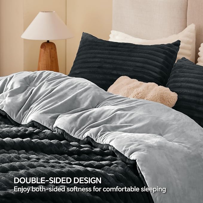 BEDELITE Fleece California King Comforter Set -Super Soft & Warm Fluffy Black Bedding, Luxury Fuzzy Heavy Bed Set for Winter with 2 Pillow Cases