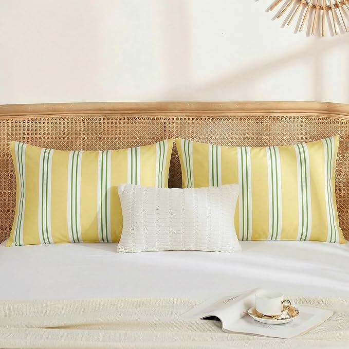 Merryword Standard Size Pillowcases, 100% Cotton Pillow Cases, Yellow and Green Striped Pillowcases, Soft Breathable Ribbon Stripe Pillow Covers, Set of 2