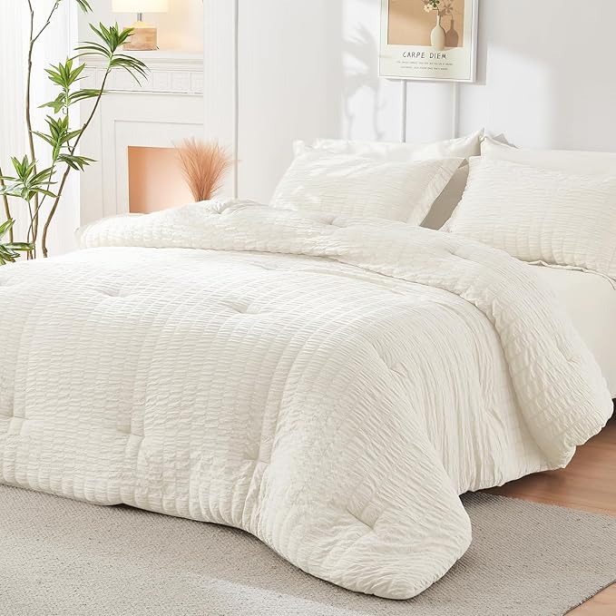 HYMOKEGE Ivory Twin Comforter Set Seersucker 5 Pieces, All Season Luxury Bed in a Bag for Bedroom, Bedding Set with Comforters, Sheets, Pillowcase & Shams