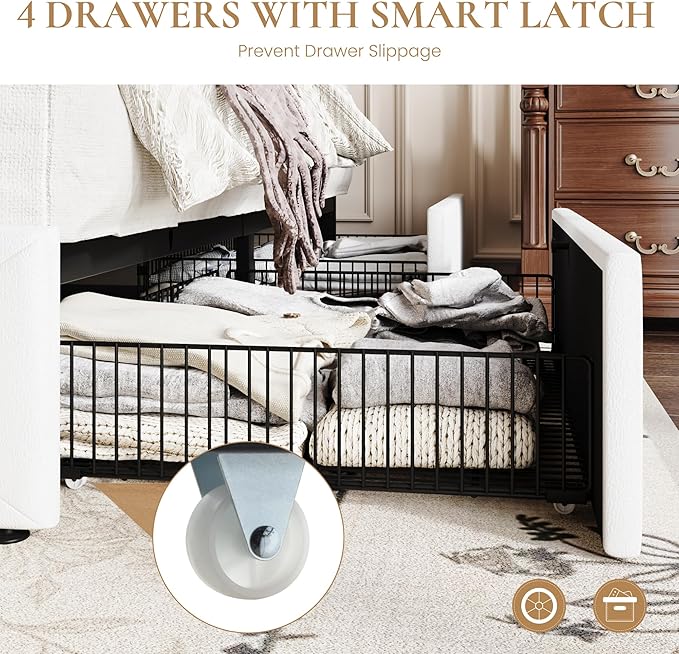 SHA CERLIN Upholstered King Platform Storage Bed Frame with 4 Drawers, Adjustable Headboard with Faux Leather Diamond Button Tufted Design, Wooden Slat Support, No Box Spring Needed, White