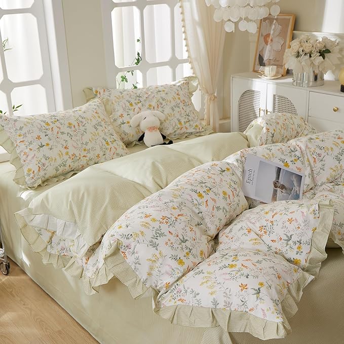 mixinni 100% Cotton Duvet Cover Set Queen, Reversible Spring Floral Ruffle Green Striped Bedding for Girls, French Country Cottagecore Aesthetic 3PC Duvet Cover with Zipper Closure & Pillowcases