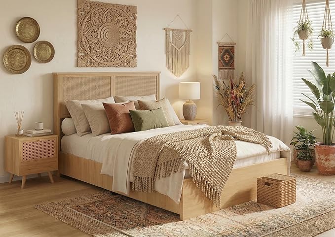 Garvee Full Size Rattan Bed Frame with 4 Drawers, Bohemian Full Rattan Bed Frame with Natural Headboard, Platform Full Size Bed with Wooden Legs, LED Lights, No Box Spring Needed