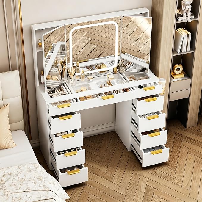 Pamapic Glass Top Vanity Desk with Foldable Mirror, 11 Drawers Makeup Vanity with LED Lighted Mirror, Power Outlet, 3 Lighting Modes Dressing Table with Golden Handles, White