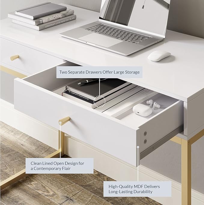 BELLEZE Modern 42 Inch Makeup Vanity Dressing Table or Home Office Computer Laptop Writing Desk with Two Storage Drawers, Wood Top, and Gold Metal Frame - Bronte (White)