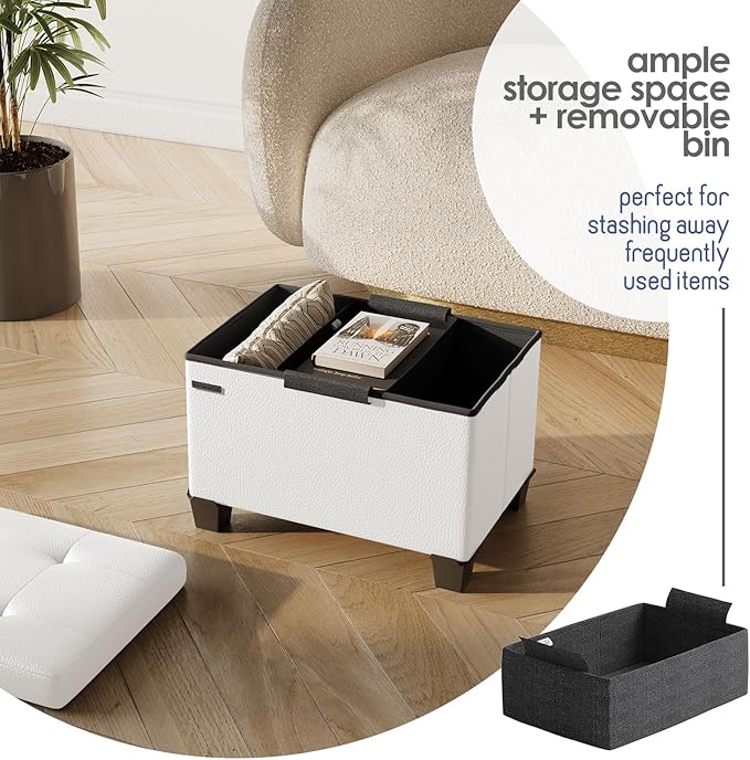 Storage Ottoman Cube with Small Bin, 16-in Square Ottoman with Storage for Living Room and Bedroom, Small Ottomans Foot Rest, Leather Foot Stools Ottomans Max 330lbs, Cream