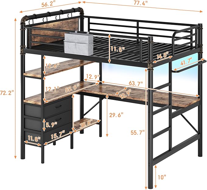 Full Size Loft Bed with L-Shaped Desk, LED Lights,Charging Station, Industrial Heavy Duty Metal Loft Bed Frame with 3 Storage Shelves and 3 Fabric Drawers, Safety Guard & Ladder, Vintage Brown