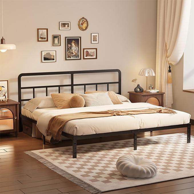 Husleephu California King Bed Frame with Headboard, 12 Inch Heavy Duty Metal Platform Cal King Bed Frame, No Box Spring Needed, Noise Free, Easy Assemble, Black